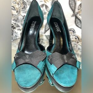 Franco Sarto Peep Toe, Bow, Green Suede Pumps, 3" Block Heel SZ 7.5M